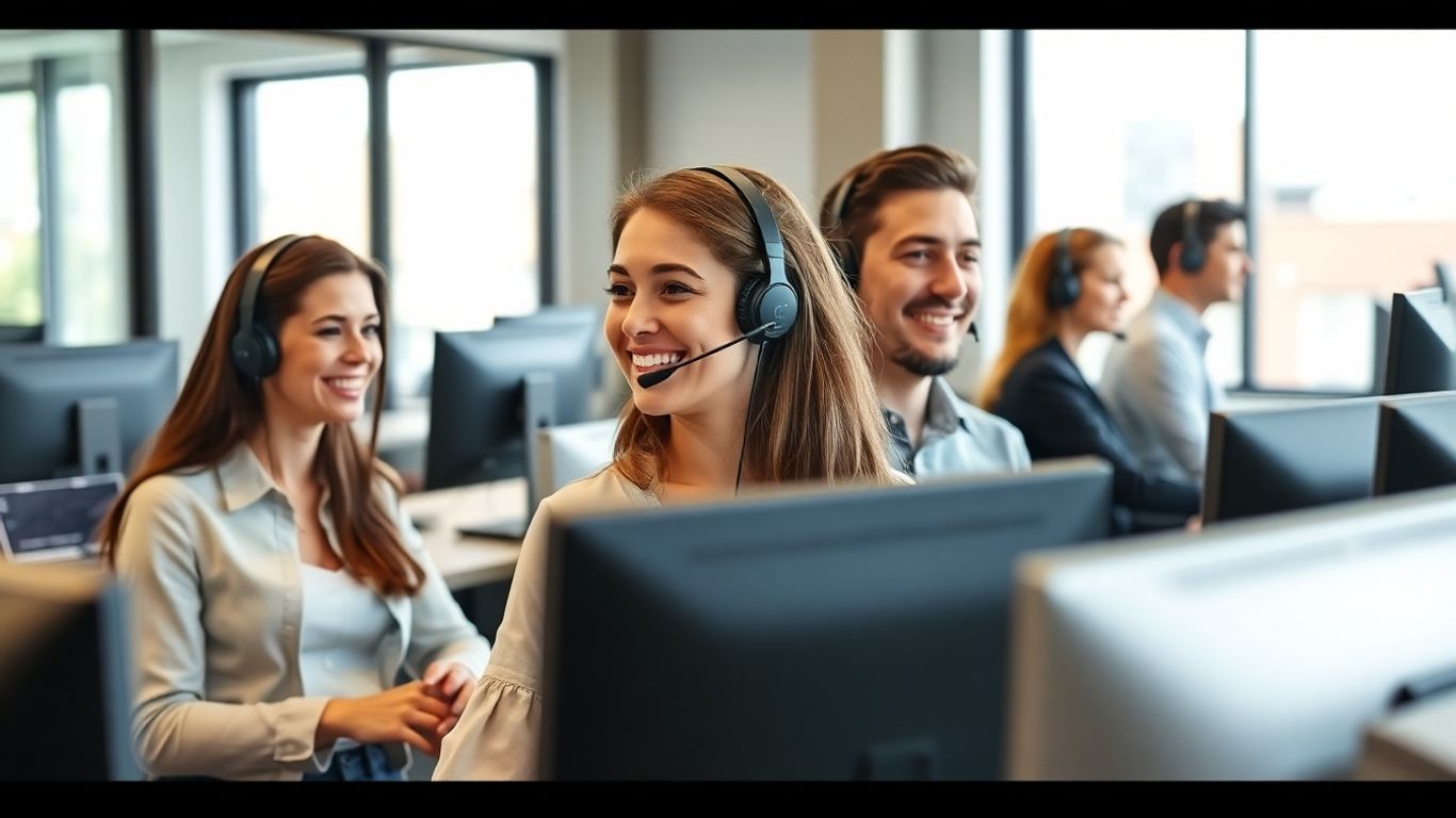 Call center agents in a bright modern office answering calls.