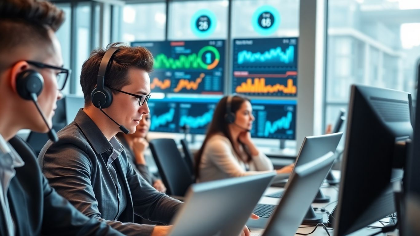 Modern call center with professionals using headsets and dashboards