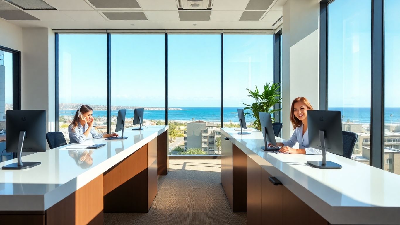 Carlsbad office receptionists answering phones near coastal view