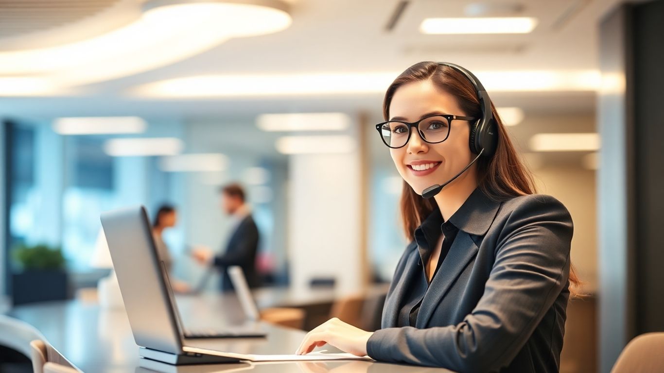 Receptionist answering phone in modern professional office