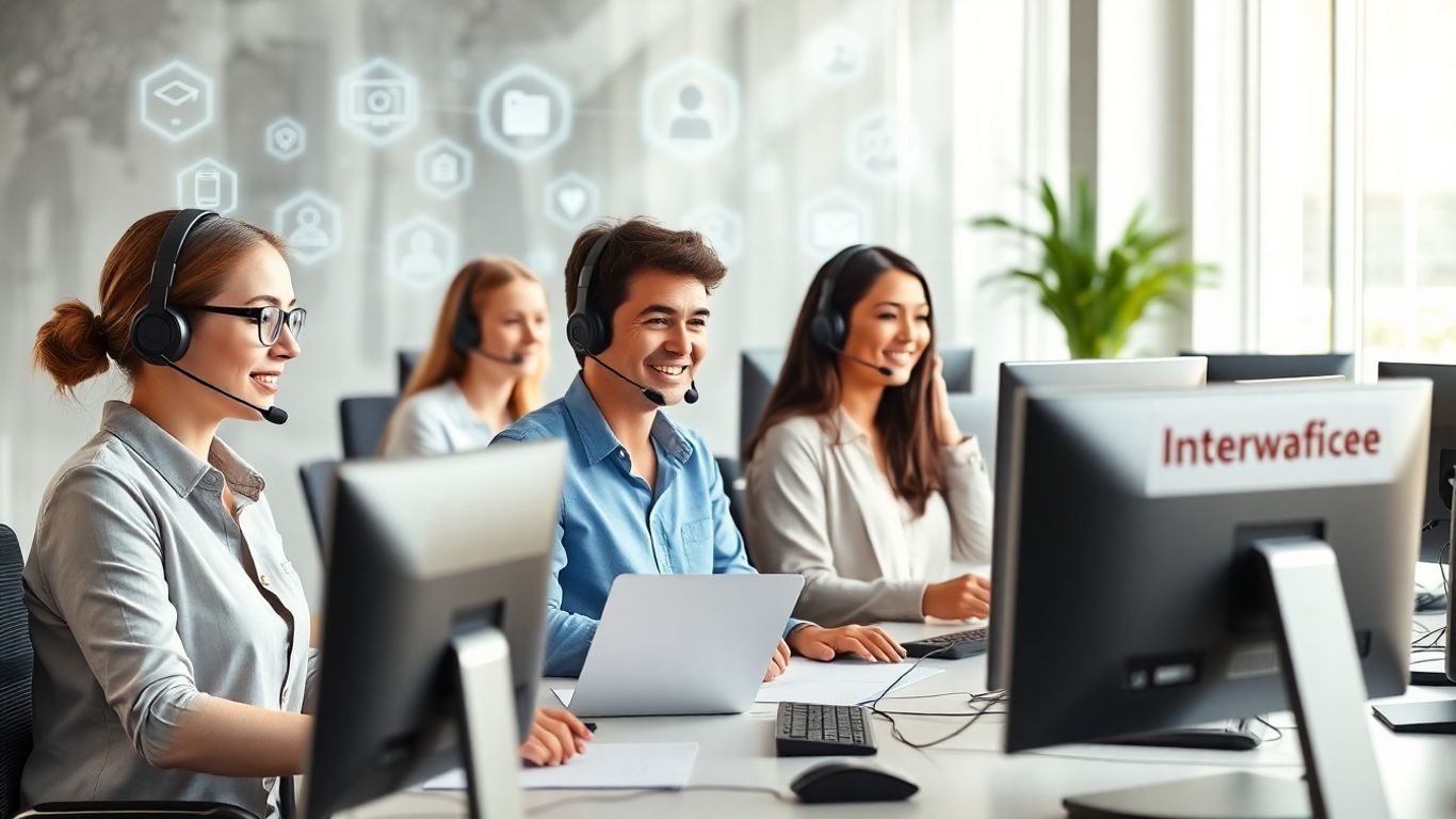 Professionals on headsets in a modern office workspace