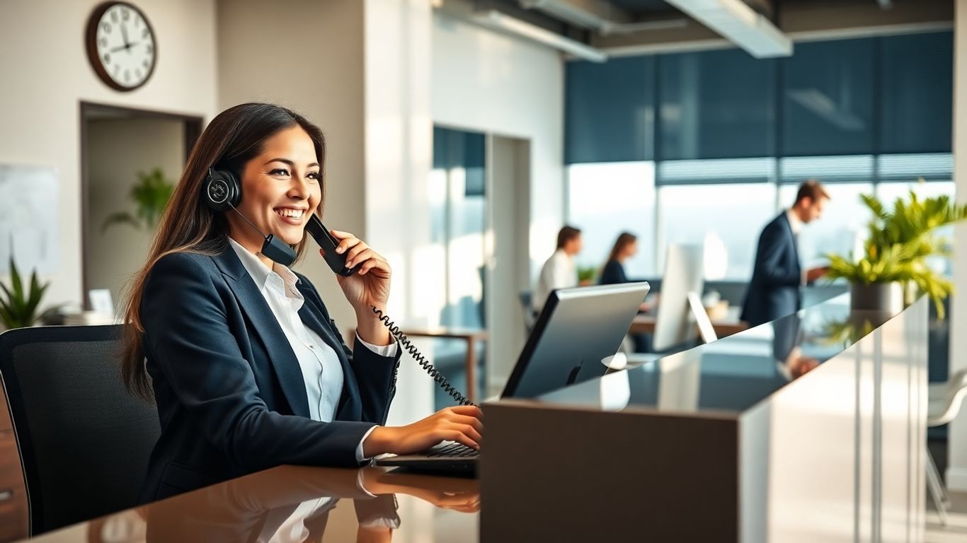 Smiling receptionist answers phone in a modern office
