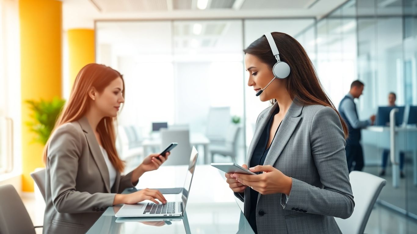 Modern office staff using phones and computers efficiently