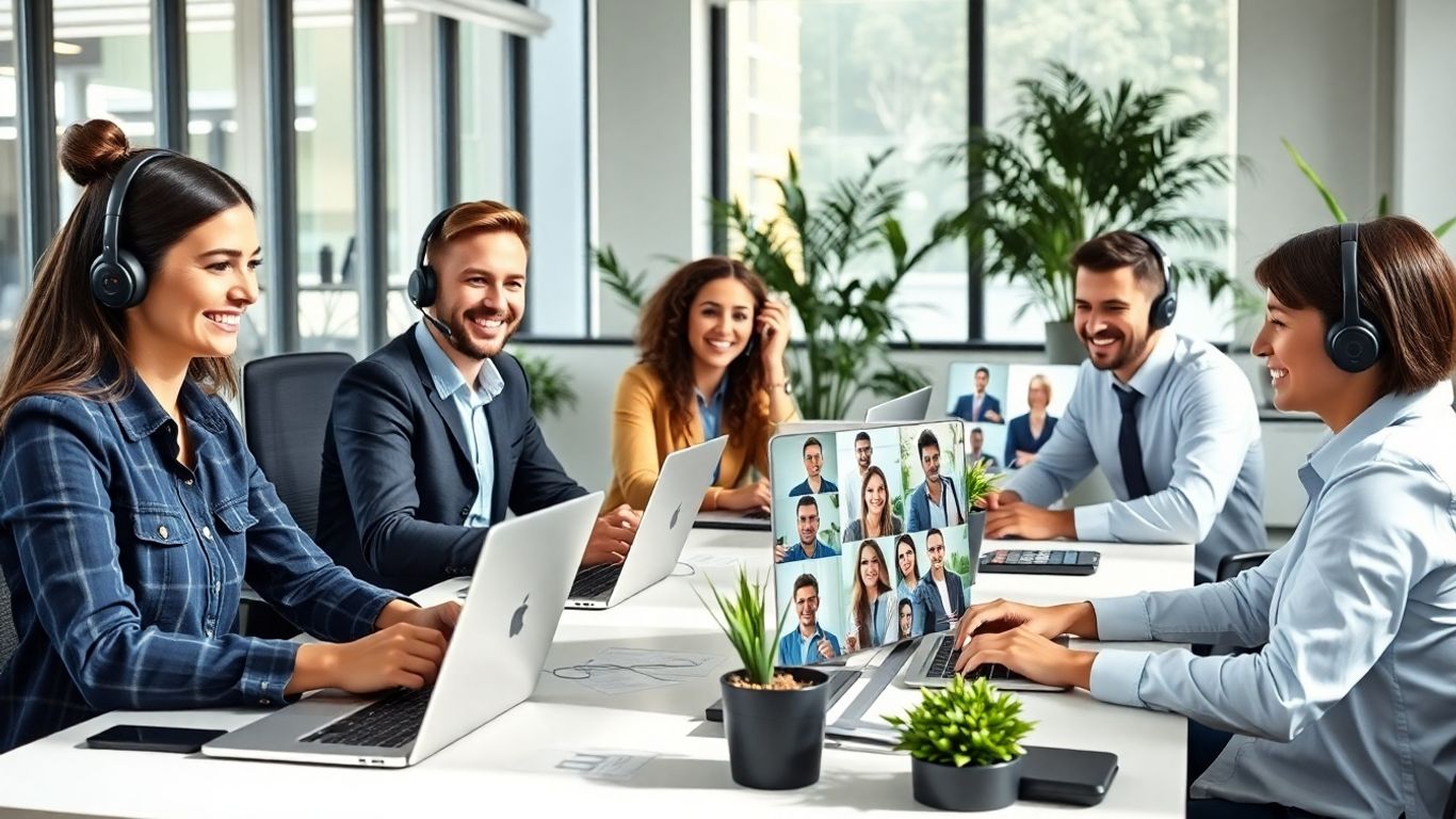 Remote workers and staff using headsets in a modern office.