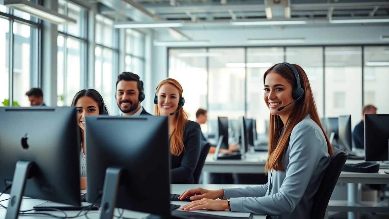 Call center agents assisting clients in bright modern office