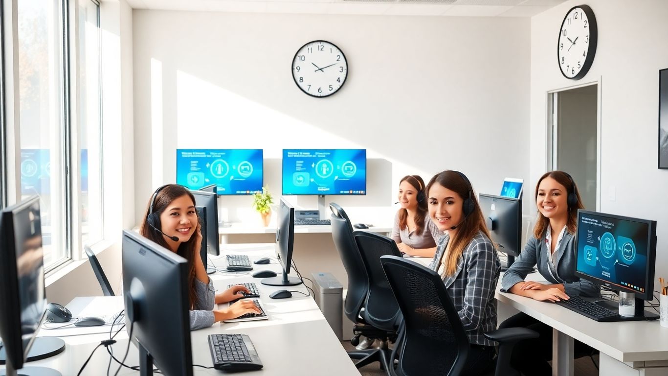 Professional call center team using modern AI technology