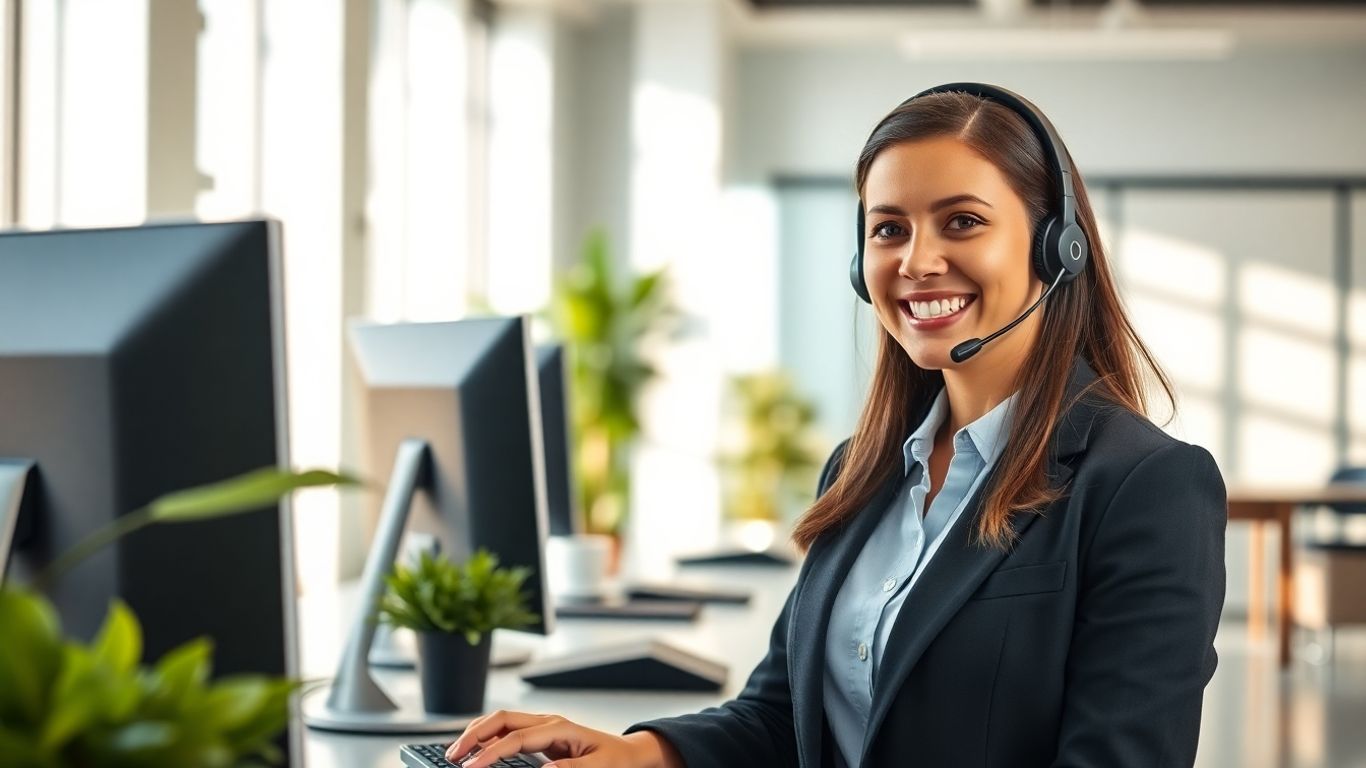 Professional receptionist answering phone in a bright office.