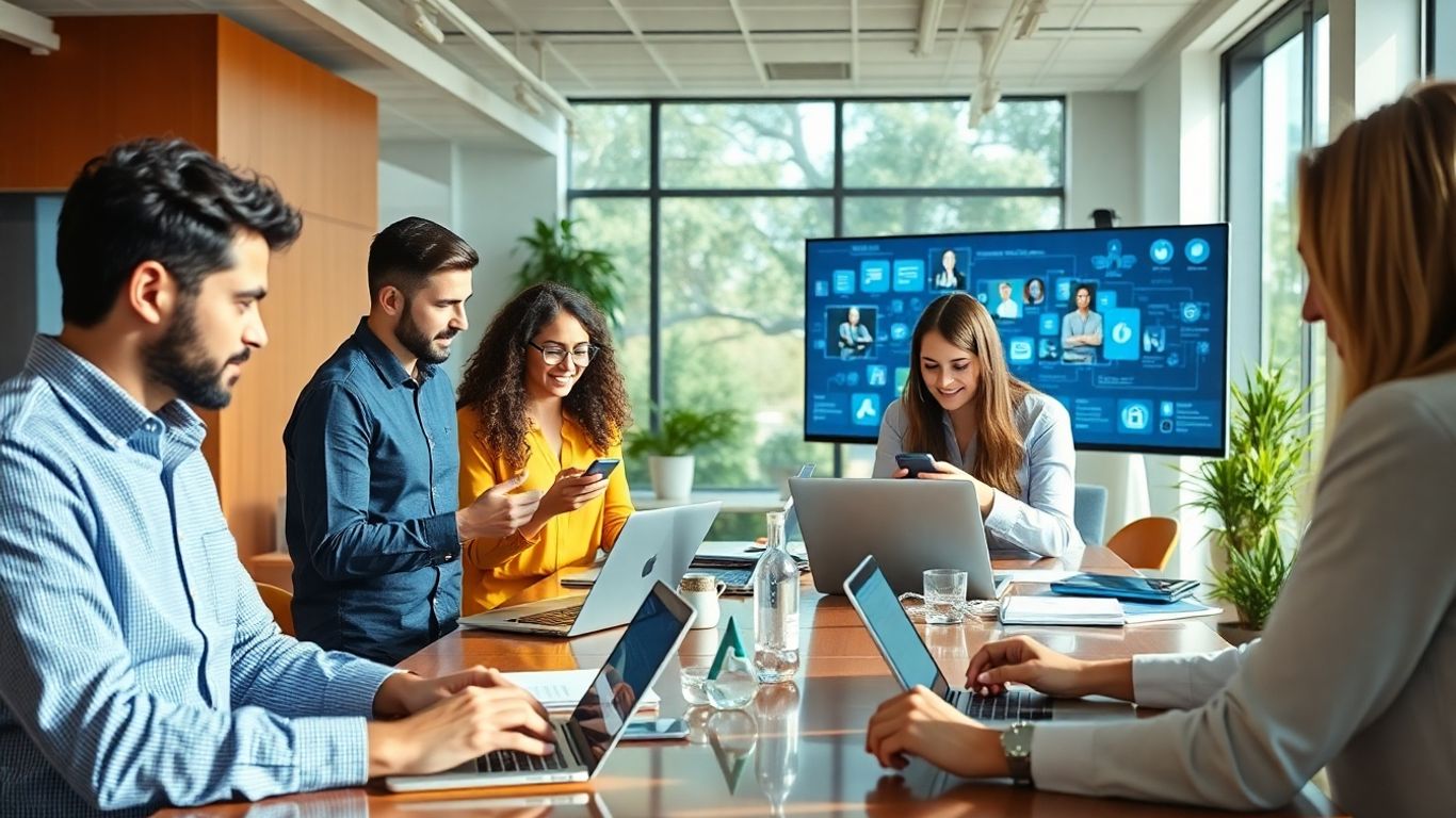 Modern office with people using business apps together