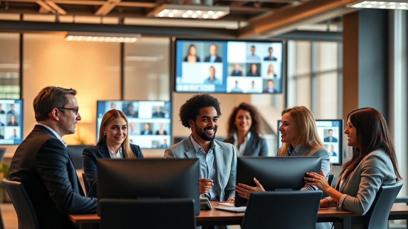 Office workers using integrated business communication tools