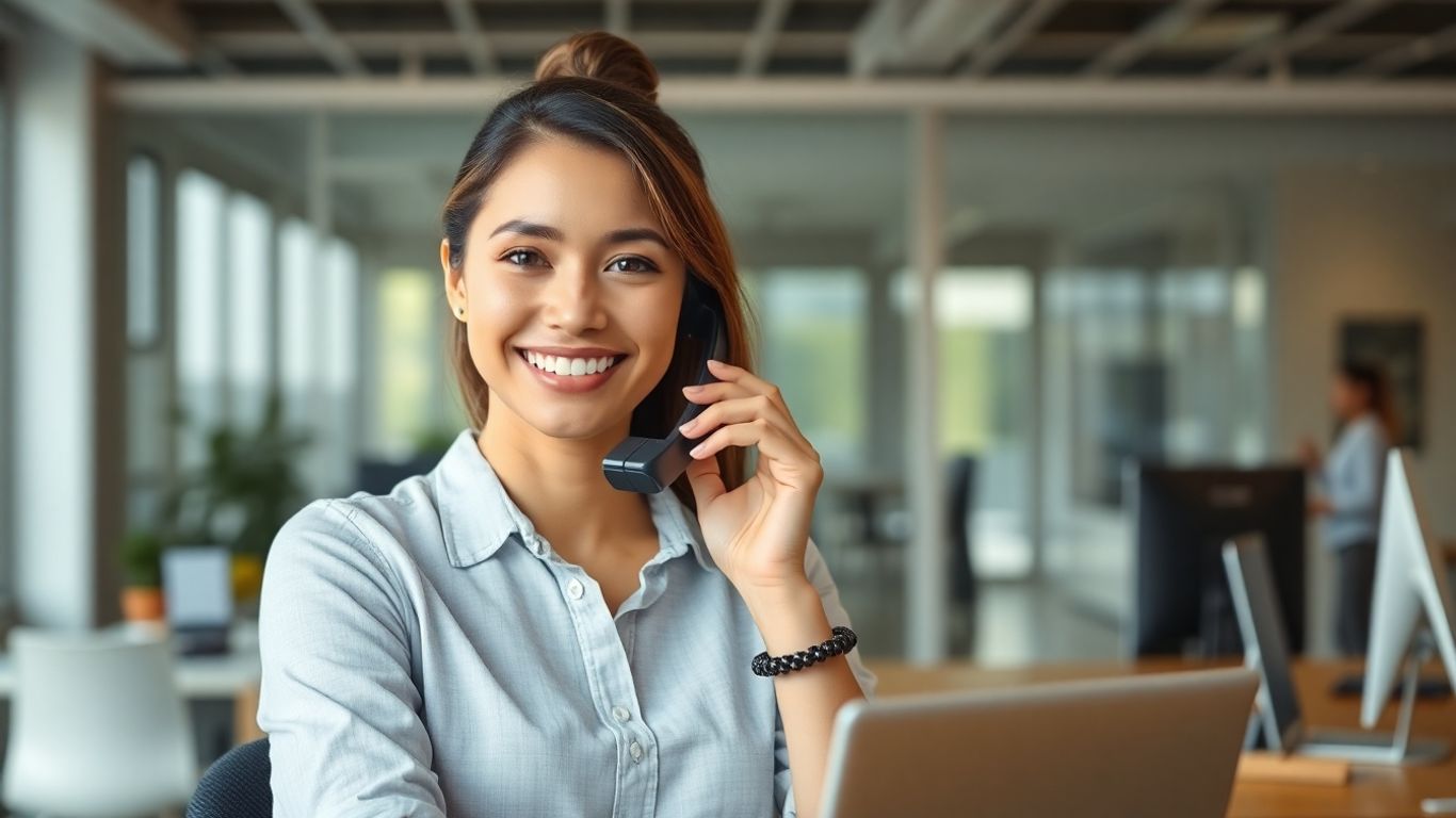 Receptionist answering phone in bright modern office
