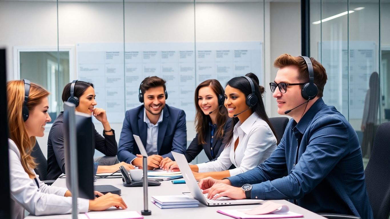Business team using headsets in modern office workspace.