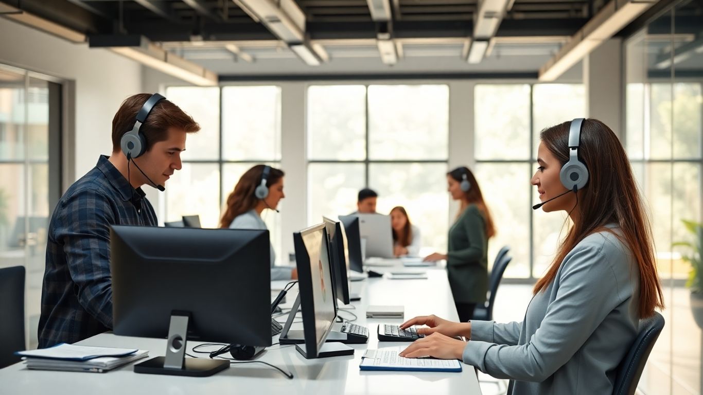 Business team using headsets and computers in modern office
