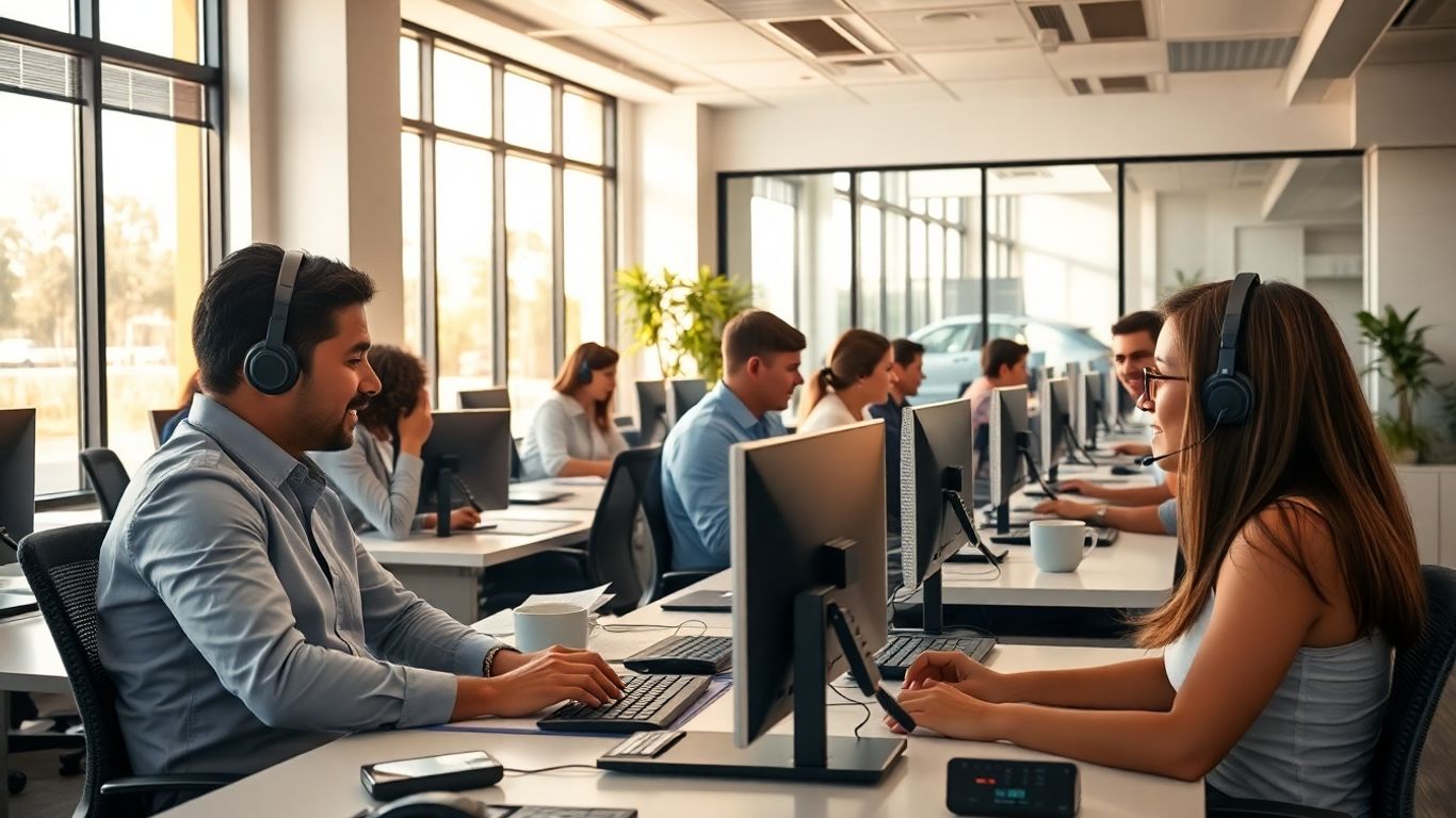 Business professionals at call center desks with headsets