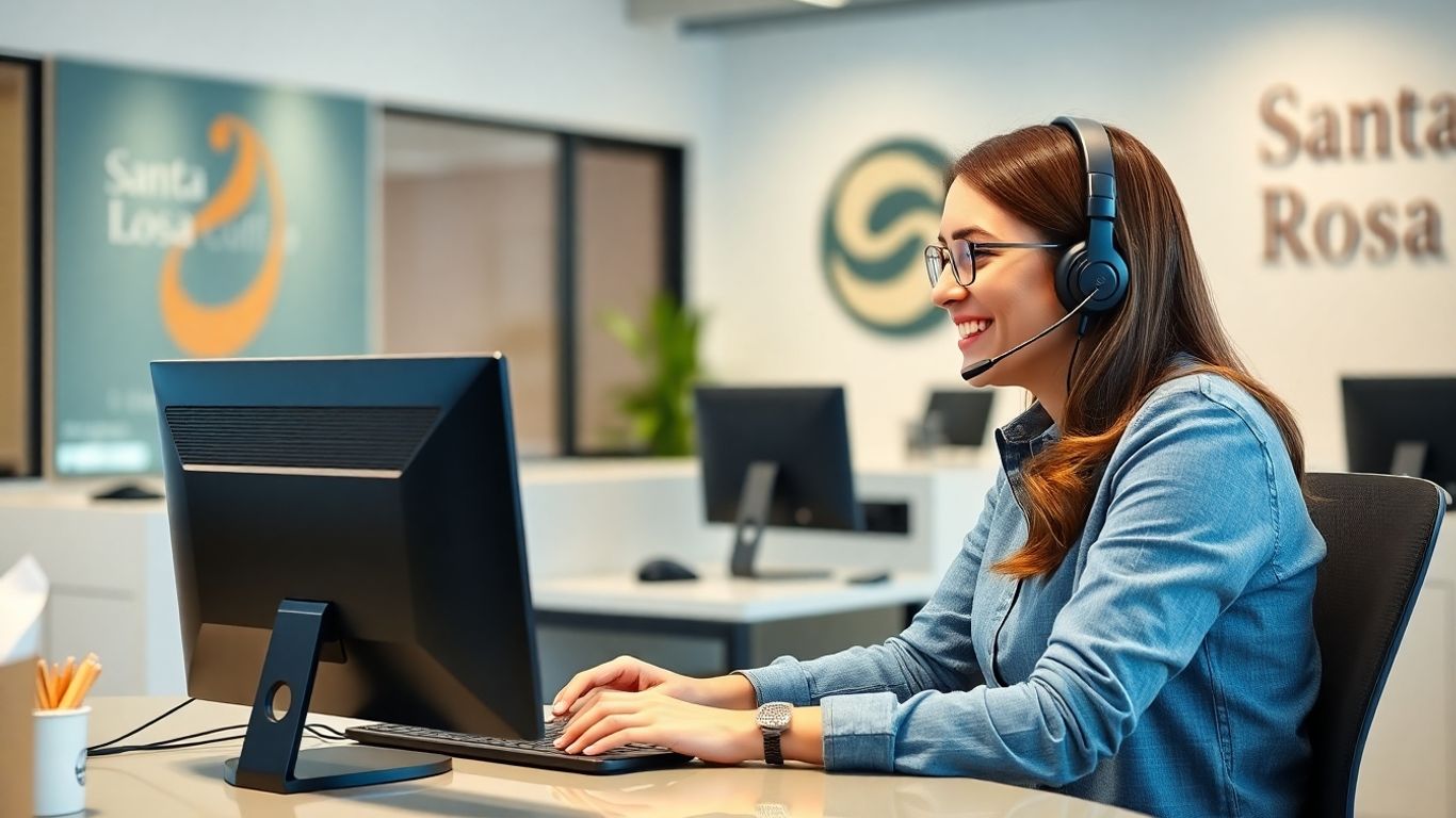 Smiling receptionist in headset assisting customer by phone