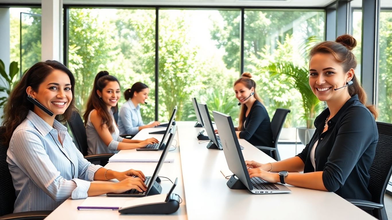 Receptionists answering phones in modern, bright office setting