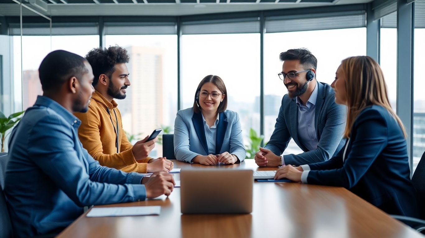 Business team communicating with phones and headsets in office