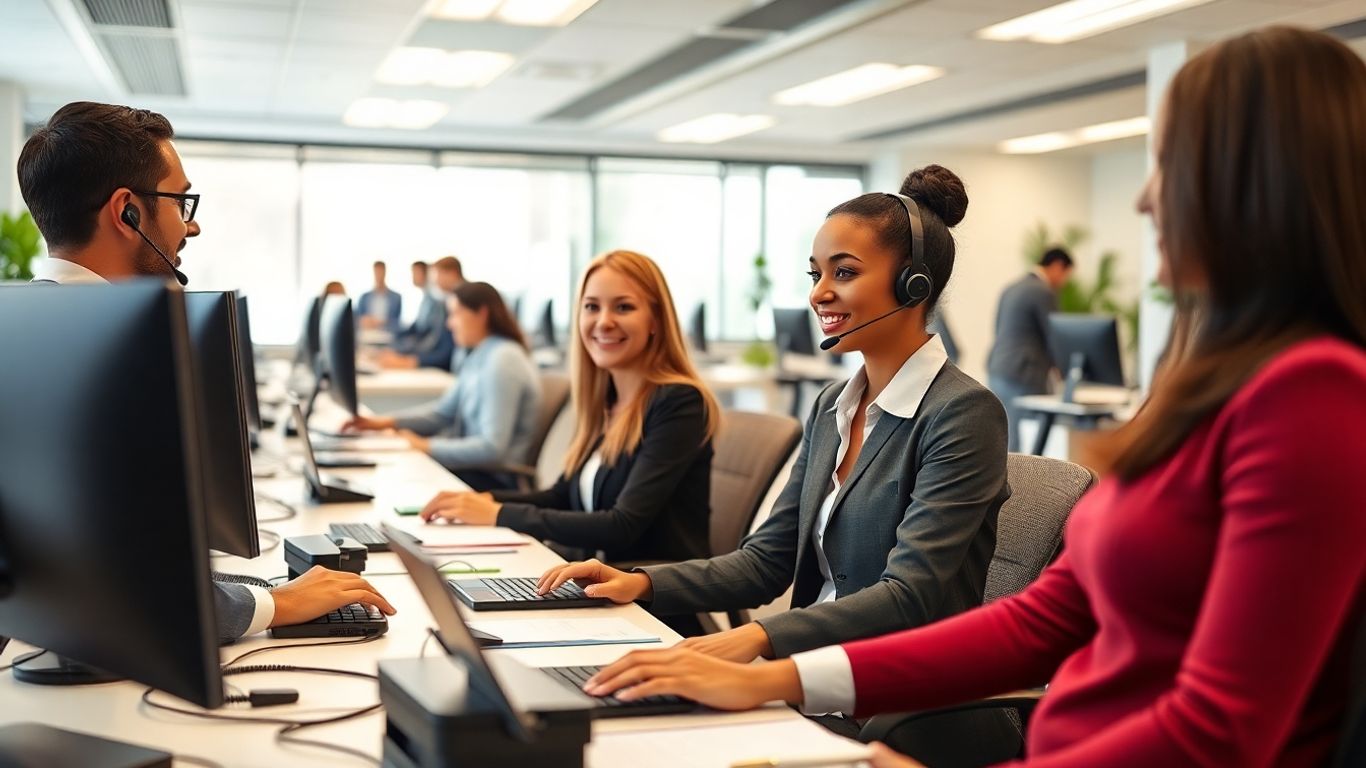 Friendly receptionists assisting clients in a modern office