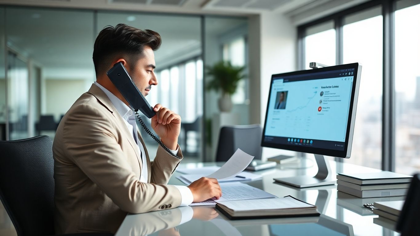Business professional answering phone in modern Fairfield office.