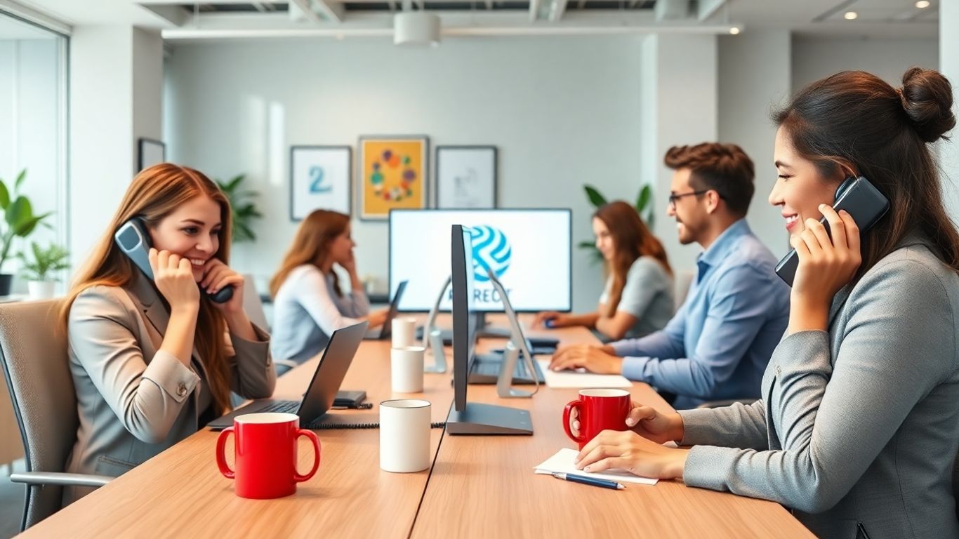 Receptionists in branded office answering business calls