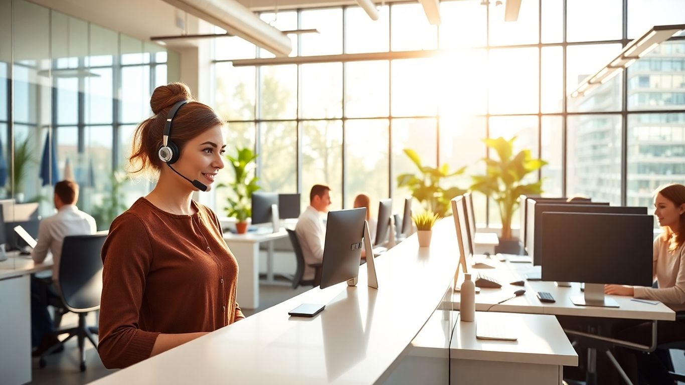 Receptionist with headset in bright modern office