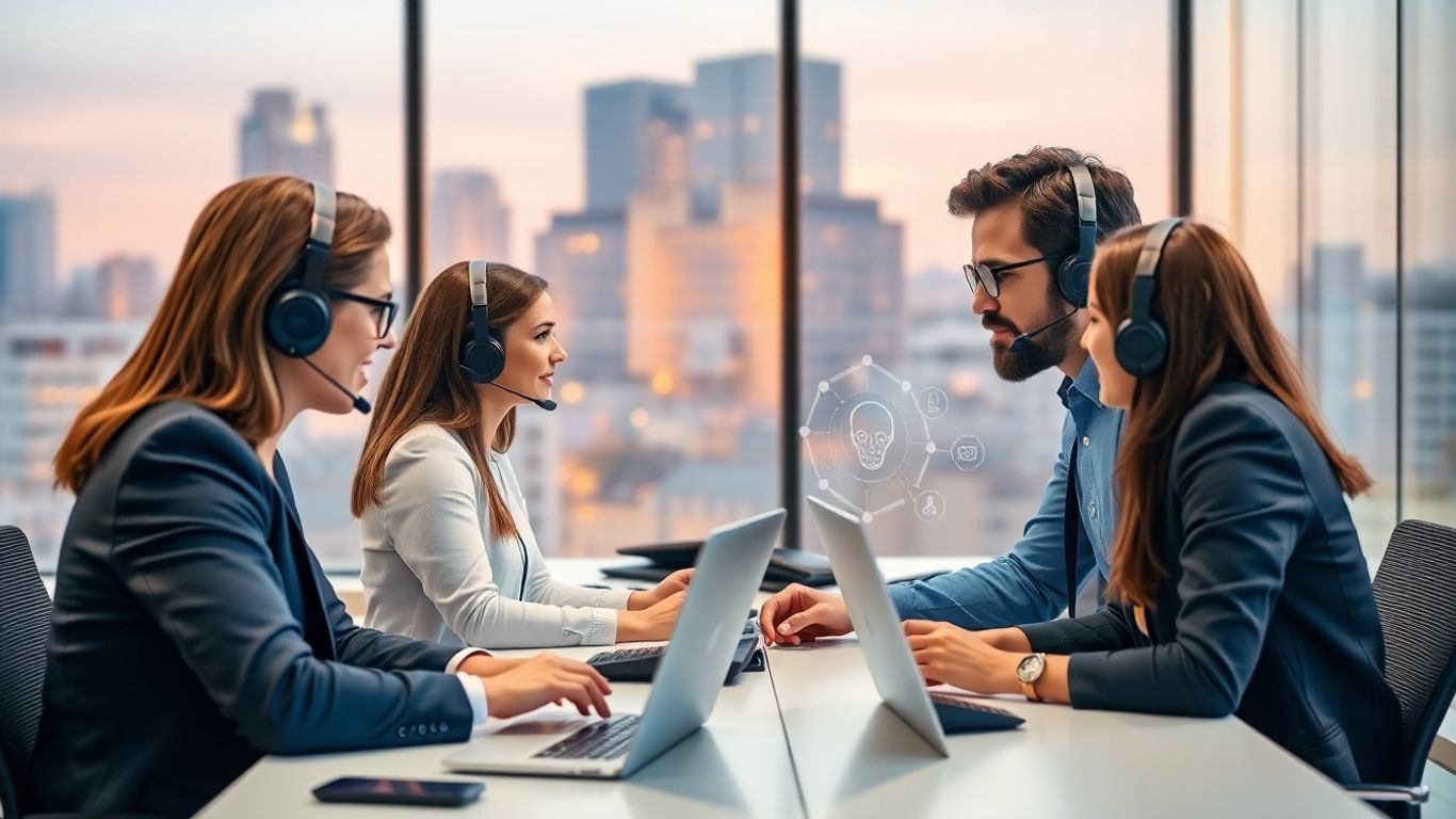 Business professionals using AI answering service technology
