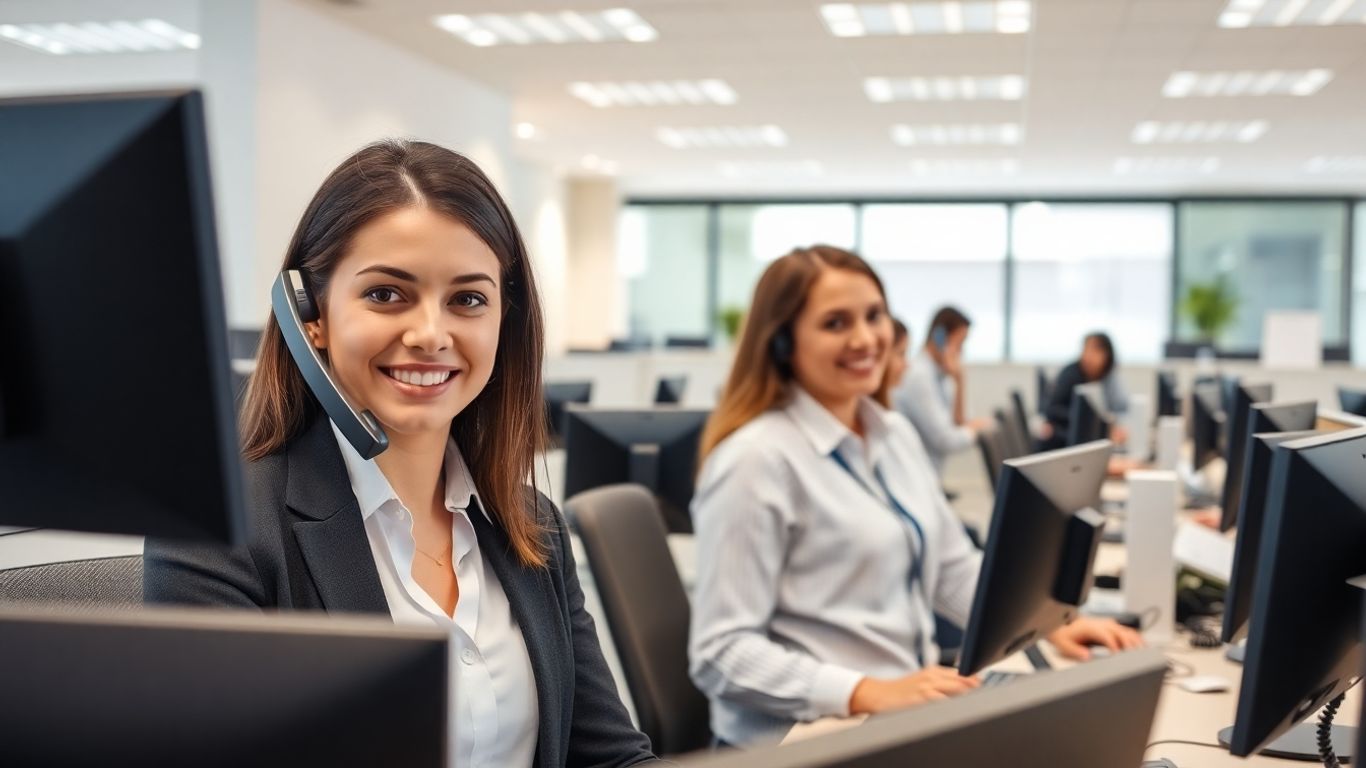 Receptionist answering phone with happy employee in office