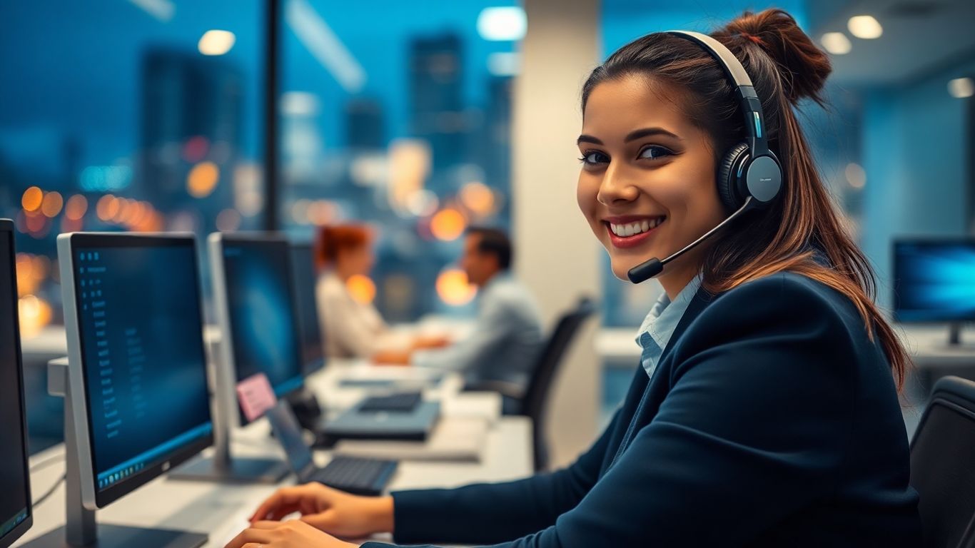 Call center agent in modern office at night