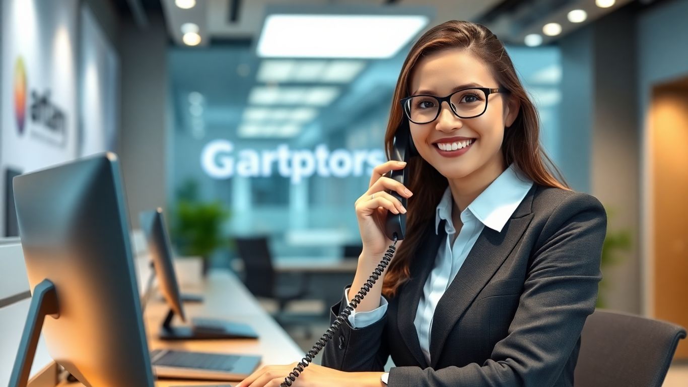 Professional receptionist answering phone in modern office setting