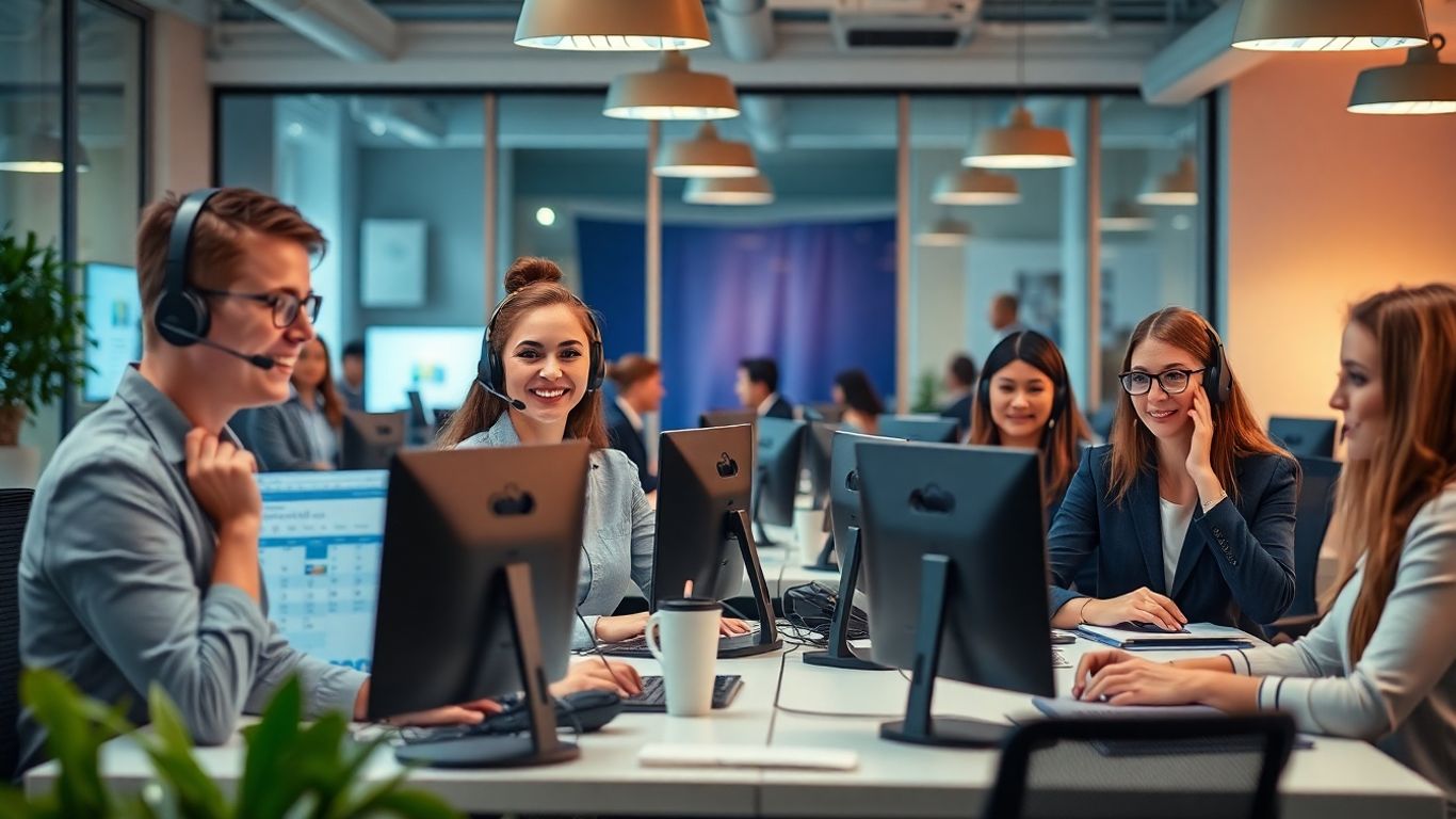 Office agents using headsets and computers for business calls.
