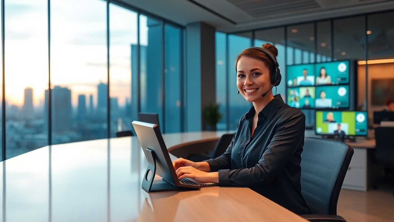 Receptionist answering phone at modern office desk