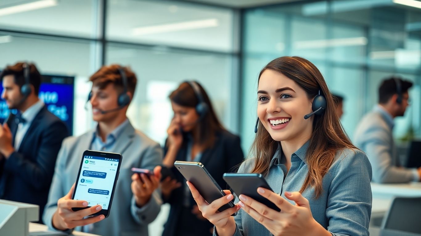 Business team using phones and headsets in modern office