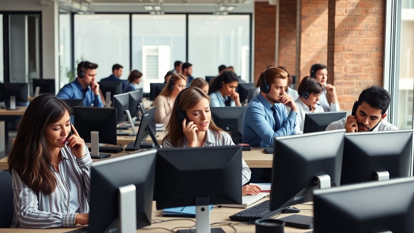 Office workers answering multiple phone calls simultaneously
