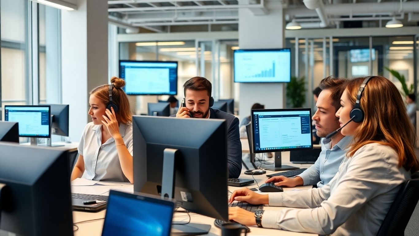 Professionals using CRM tools in a high-tech office