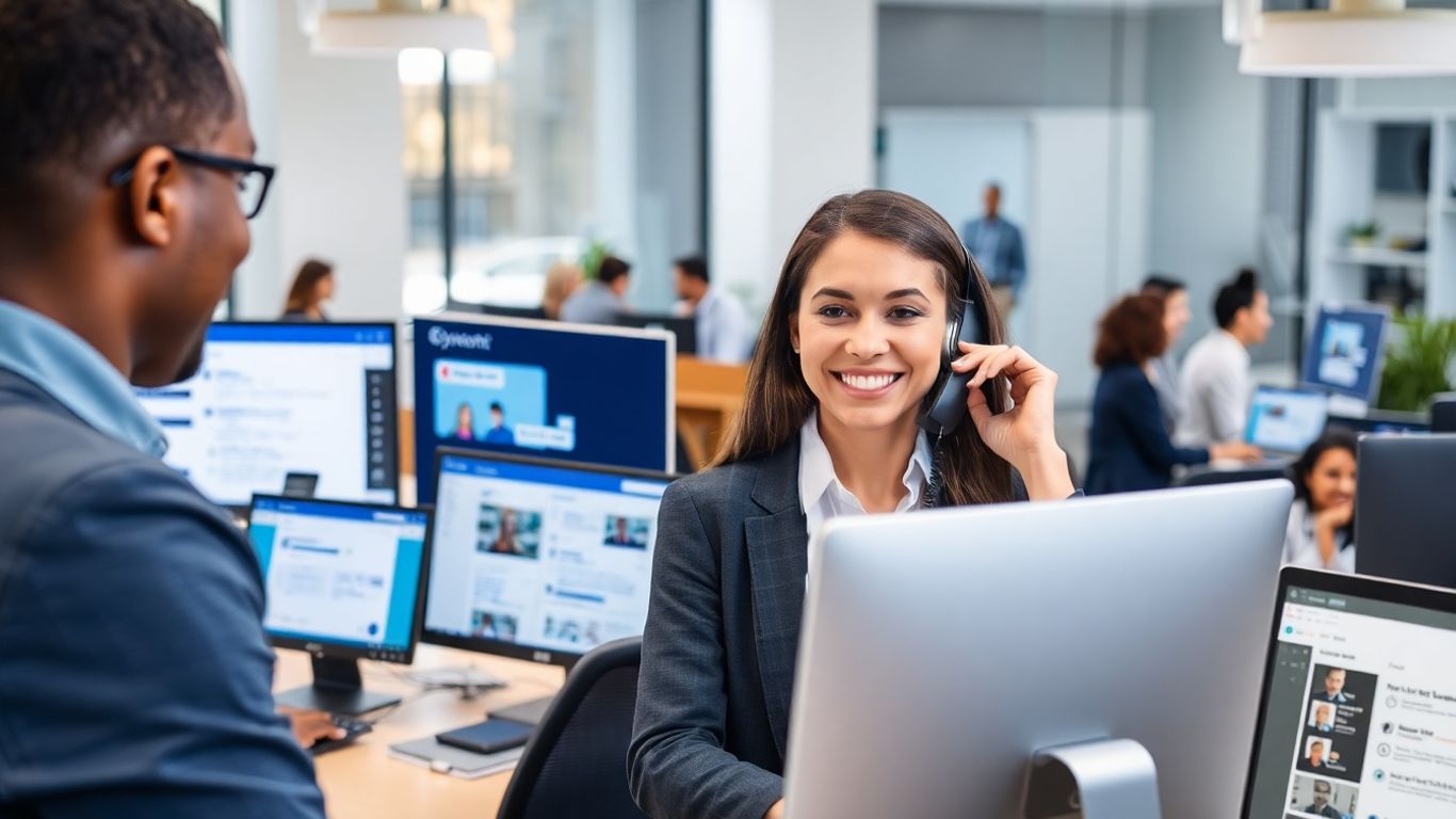 Receptionist handling multi-channel customer communications in office