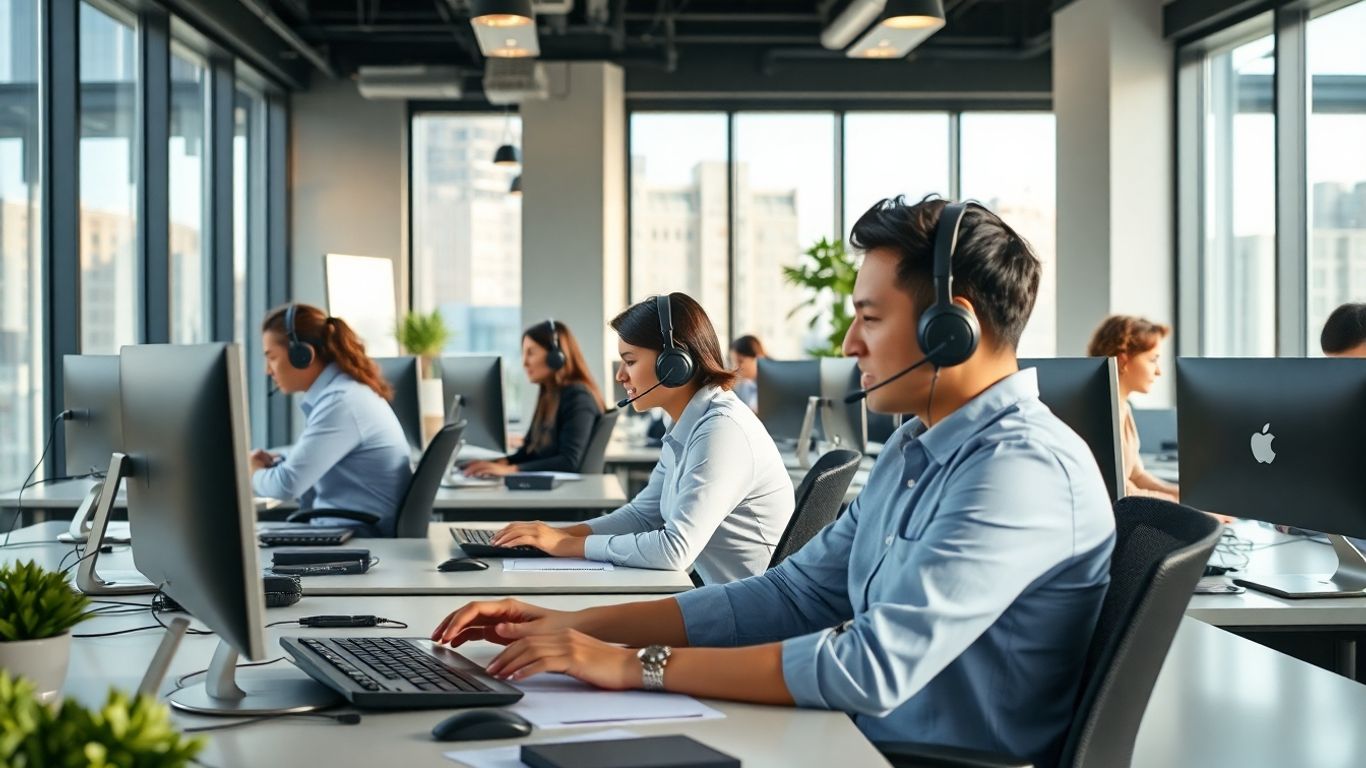 Ontario office staff answering calls with headsets