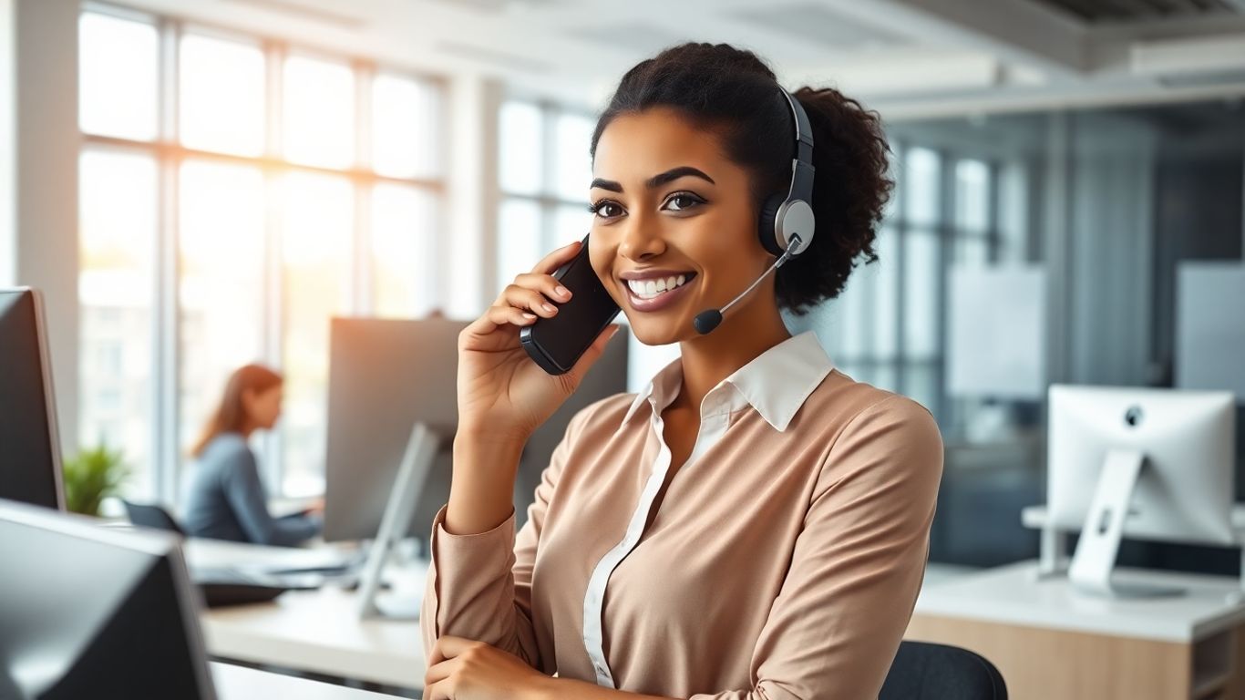 Receptionist answering phone in bright modern office