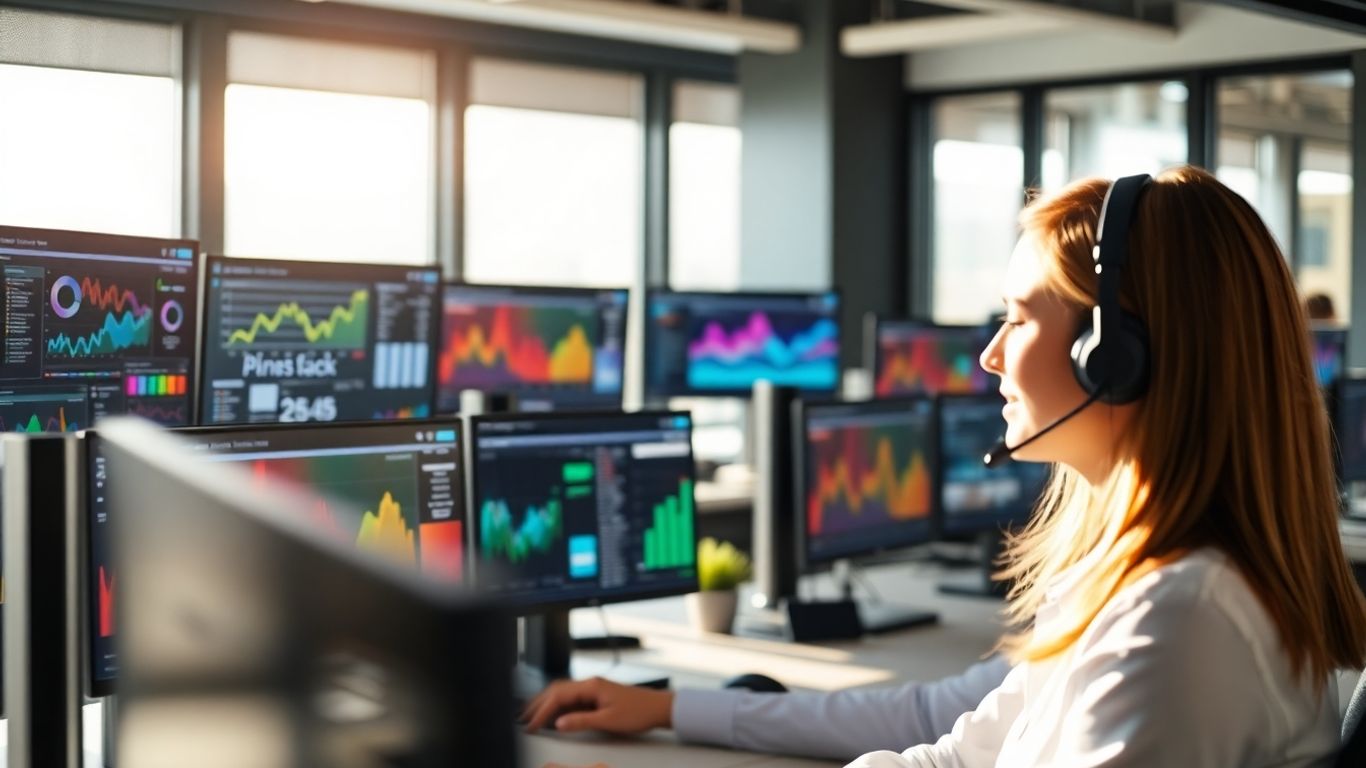 Call center agent assisting customer in bright office
