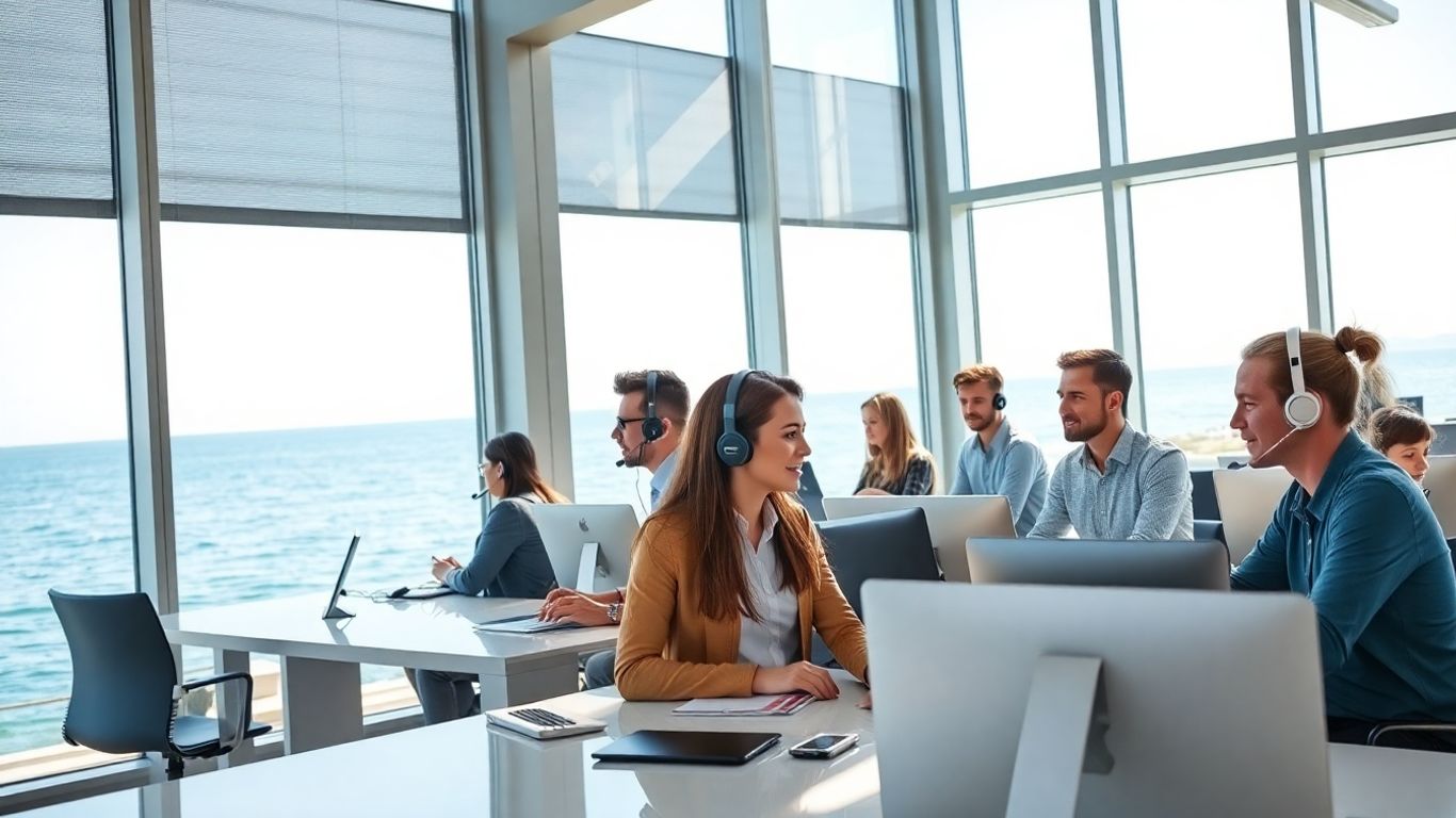 Seaside office with professionals using headsets and ocean view.