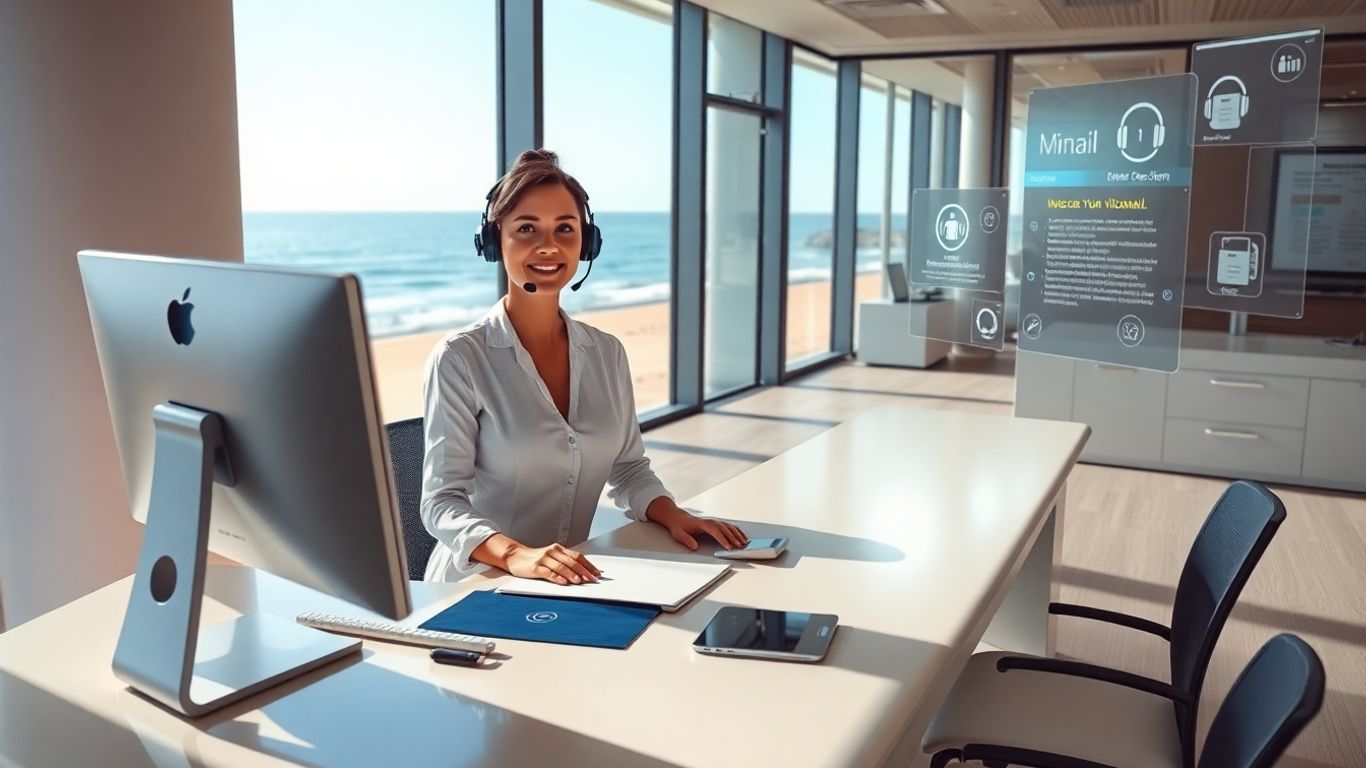 Receptionist in modern office with ocean view and tech.
