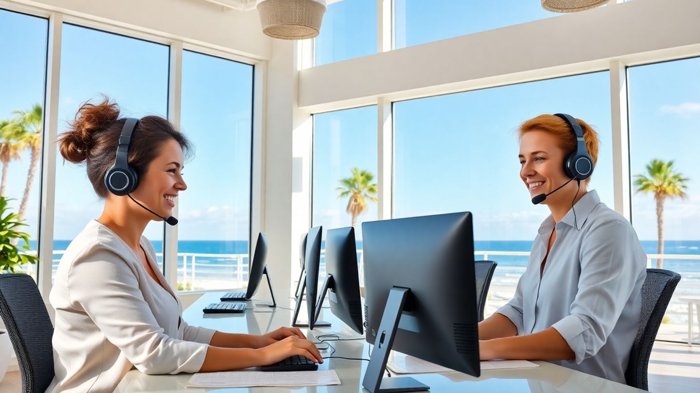 Oceanside office with receptionists, ocean view, and palm trees