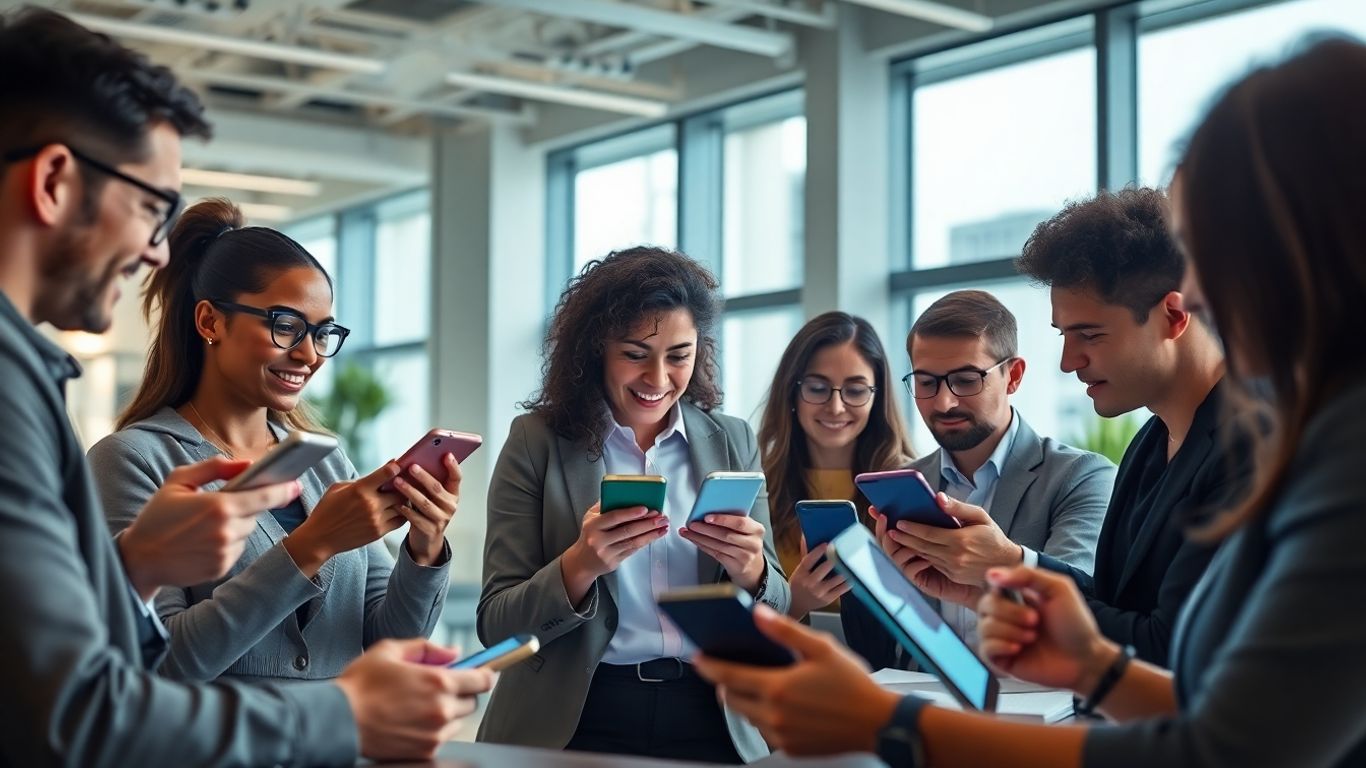 Business team using smart devices in modern office