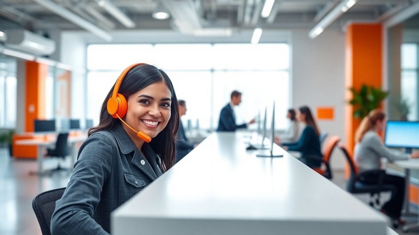 Receptionist with orange headset in modern office environment
