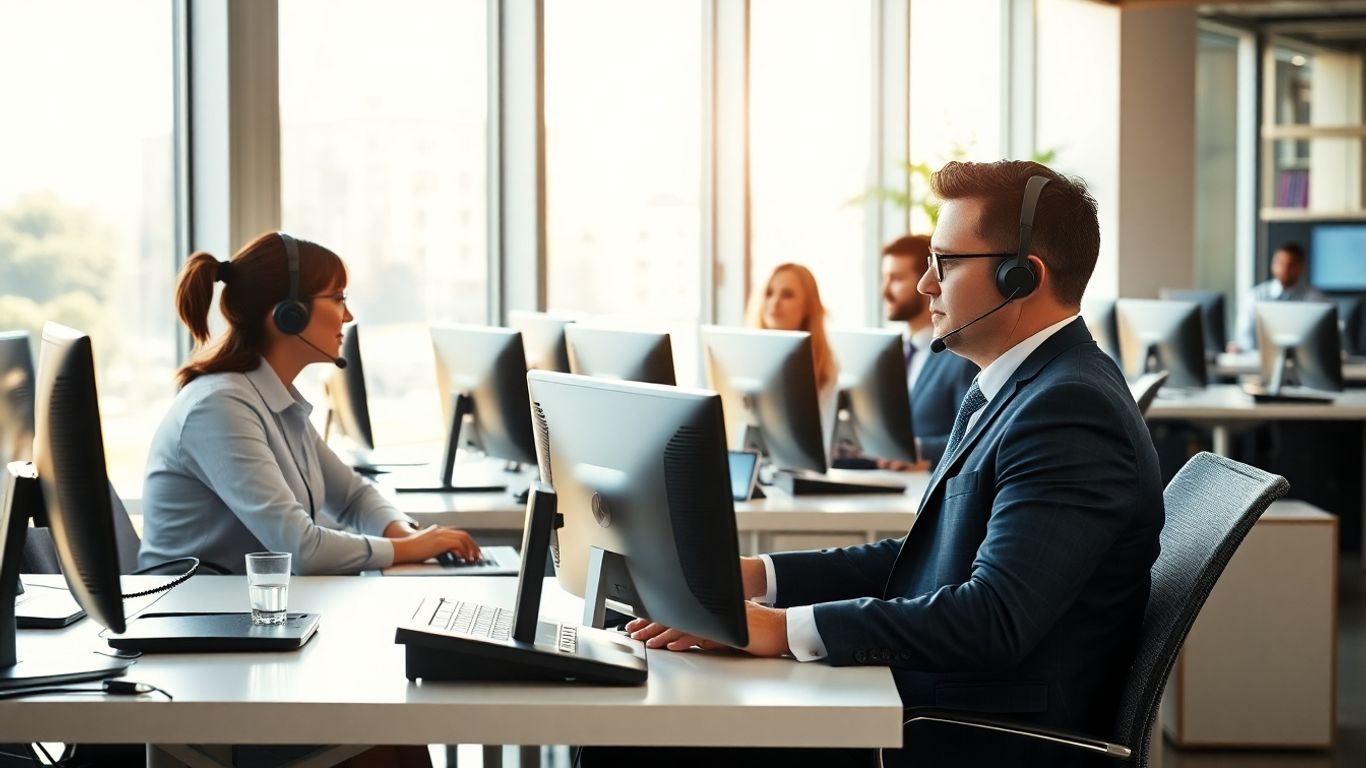 Business professionals using headsets in a bright office