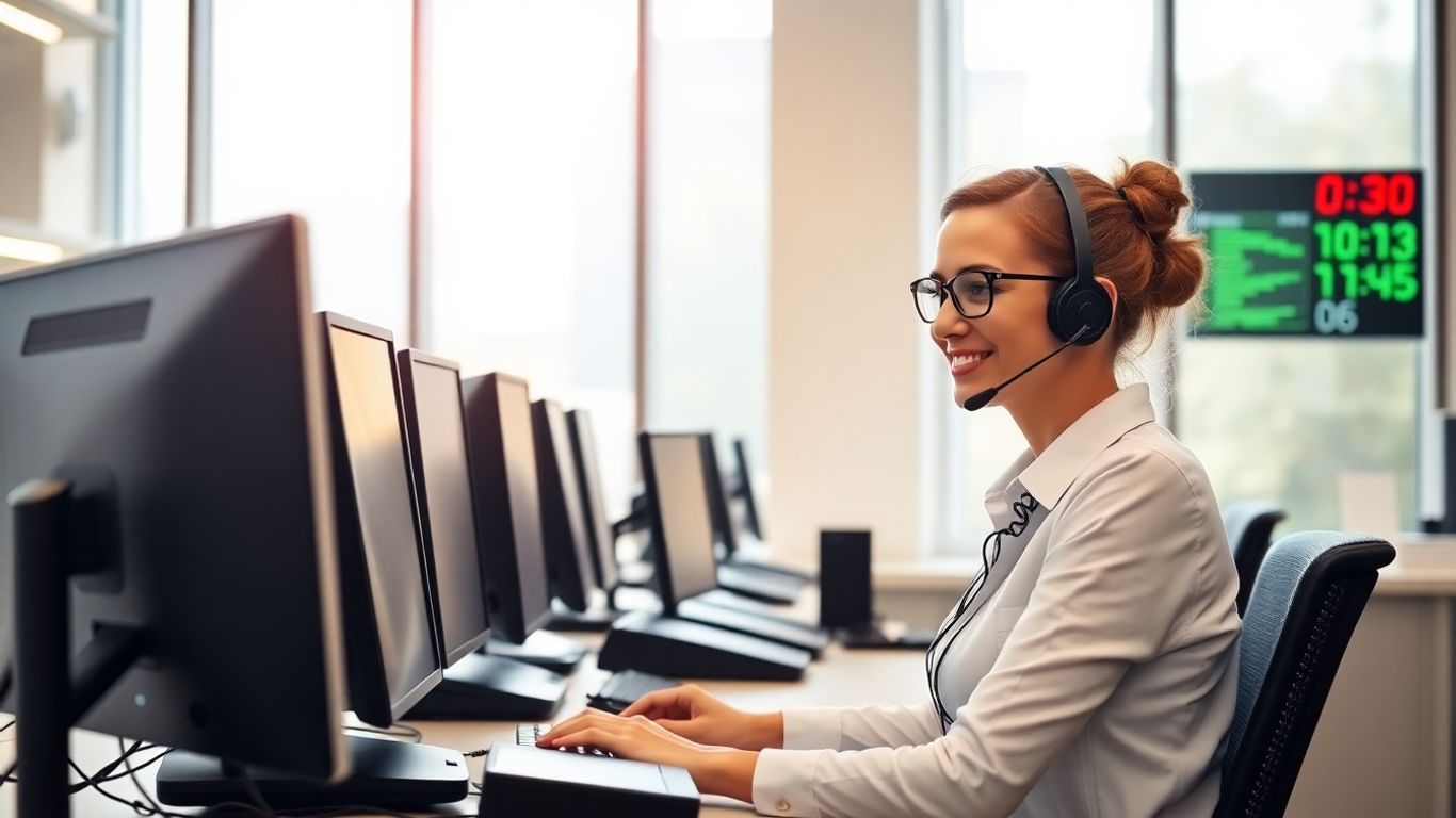Receptionist at desk with multiple screens and clocks