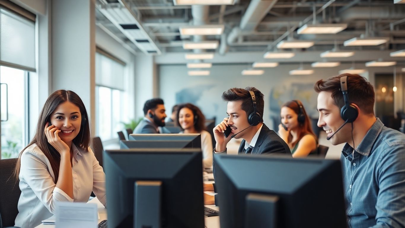 Office staff using phones and headsets in modern workplace