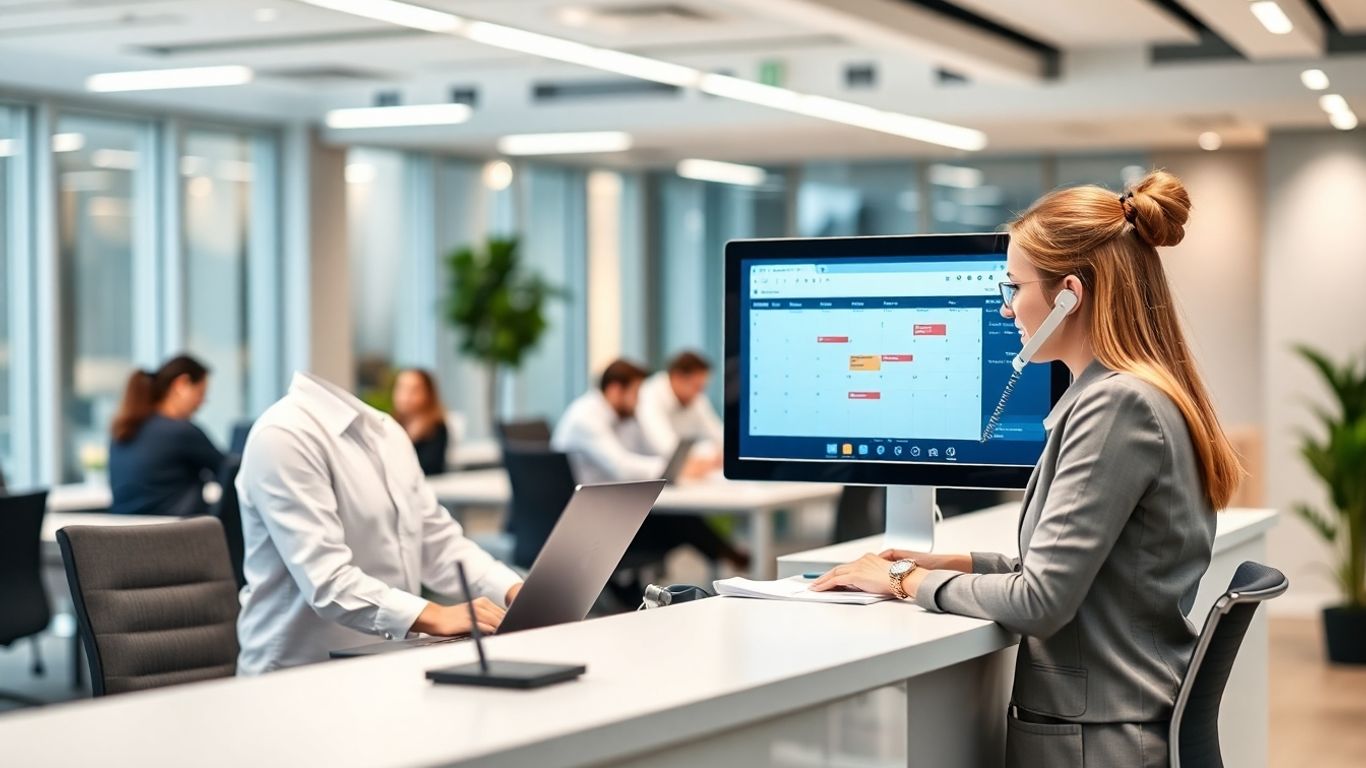Receptionist using computer for business appointment scheduling