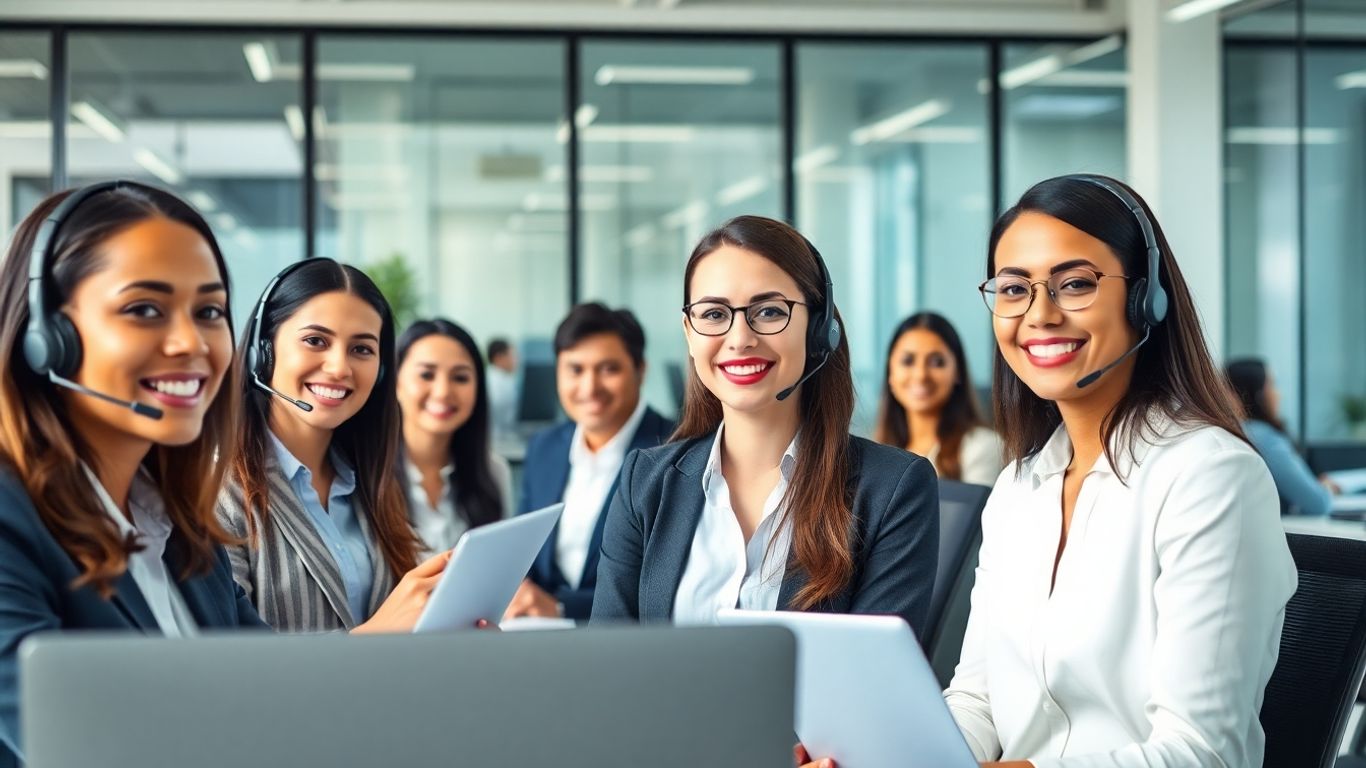 Office workers with headsets providing professional call service.