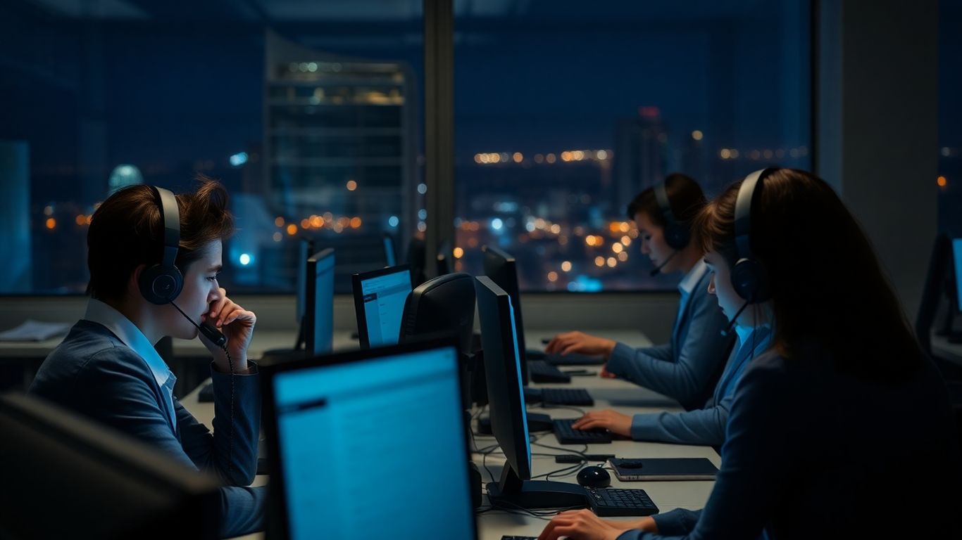 Office workers answering phones at night with city lights