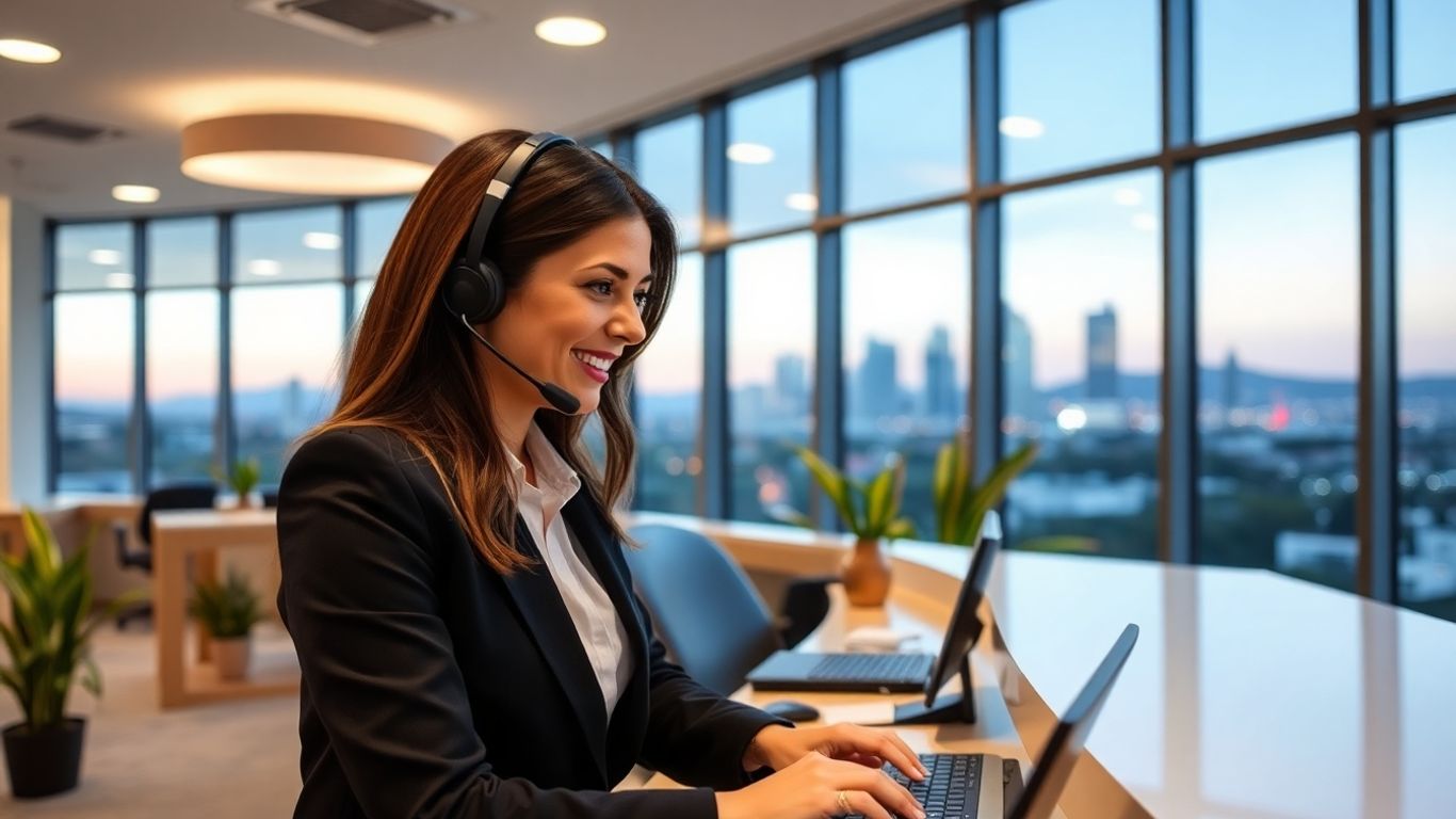 Receptionist at desk with Rancho Cucamonga skyline