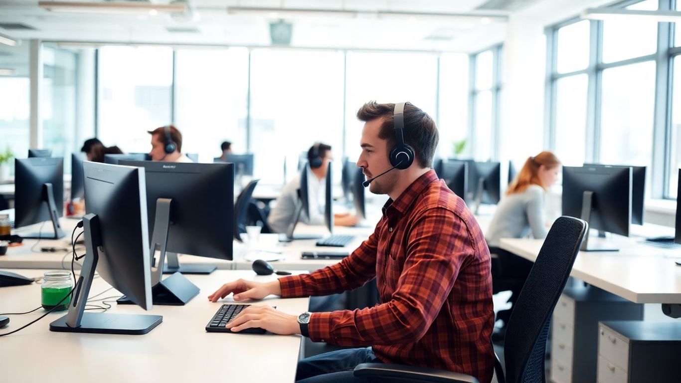 Modern office staff using headsets and computers interact digitally.